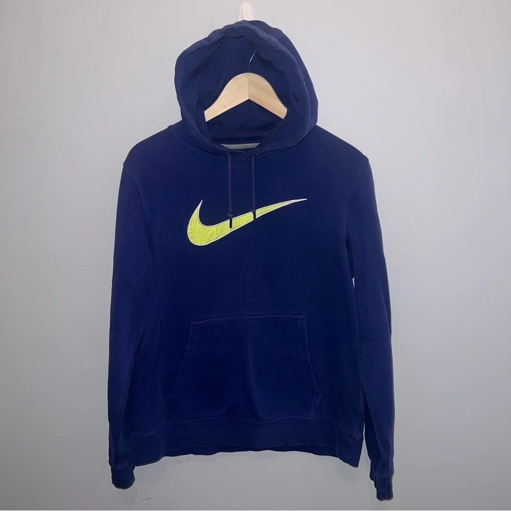 Nike Men's size M Center Swoosh Fleece Hoodie Blue/Lime Green Sweatshirt‎